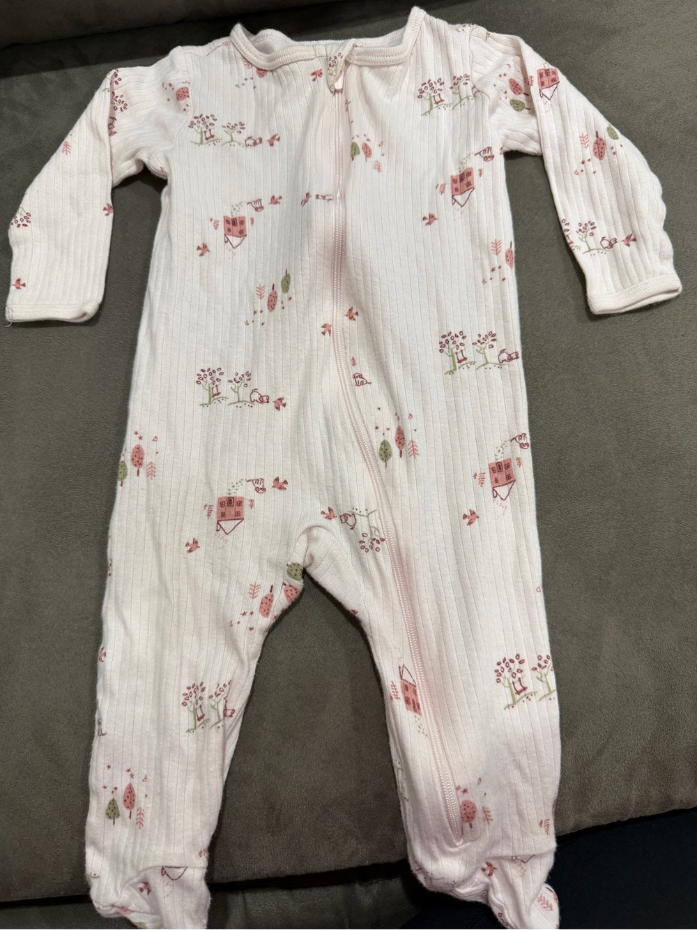 Gerber Pink Ribbed Footed One-Piece with Tiny House & Tree Prints